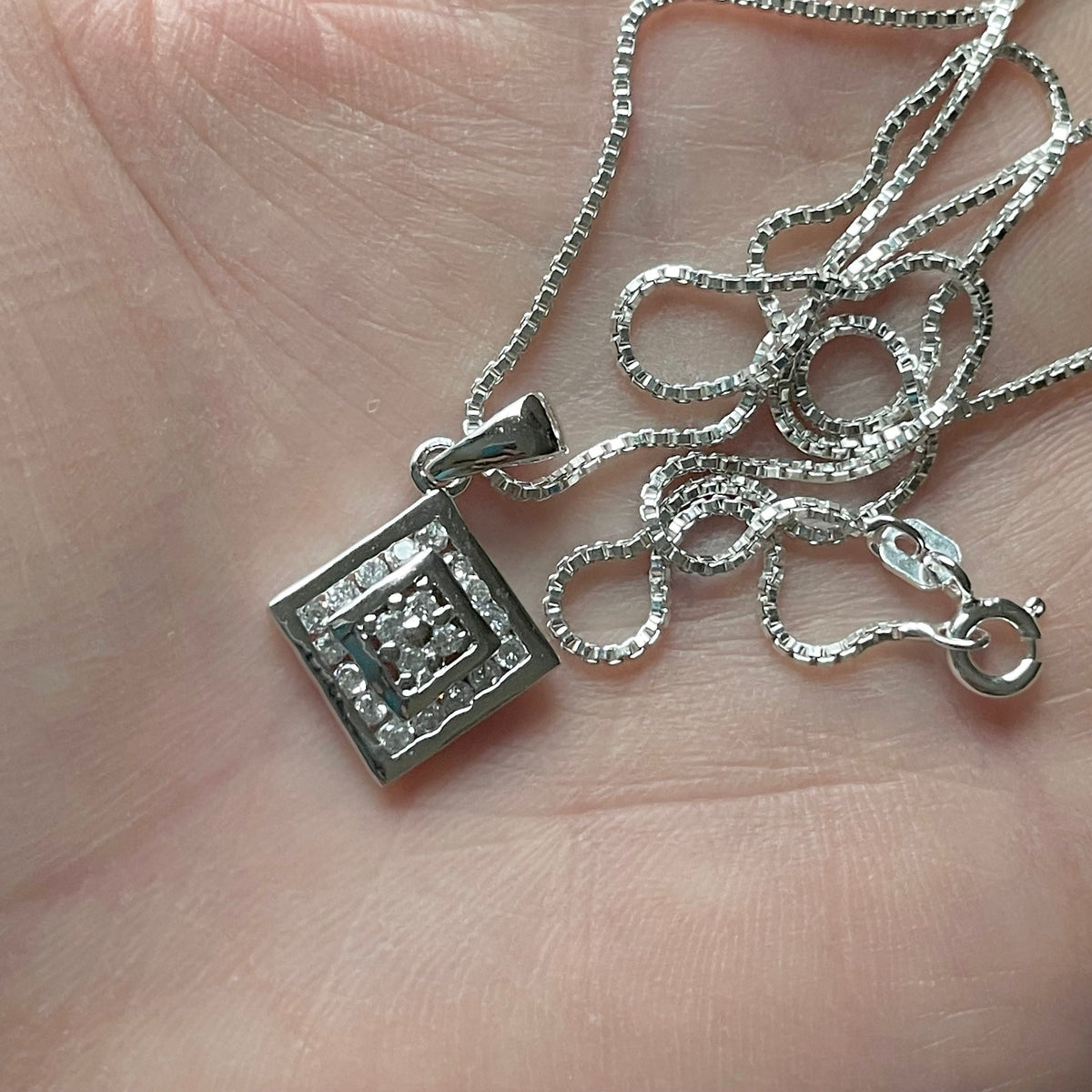 Sterling Silver CZ Square Pendant Necklace - Italian Chain