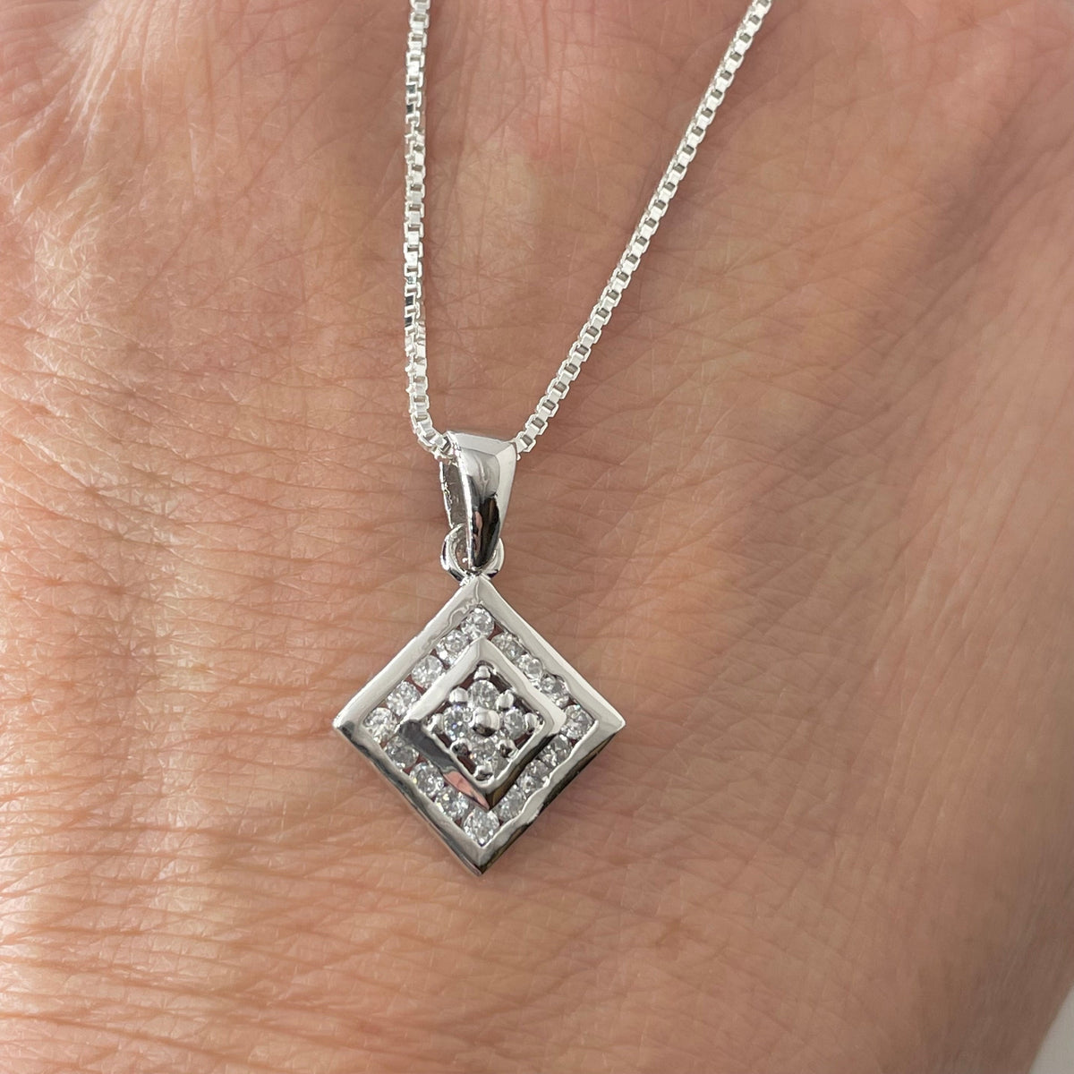 Sterling Silver CZ Square Pendant Necklace - Italian Chain
