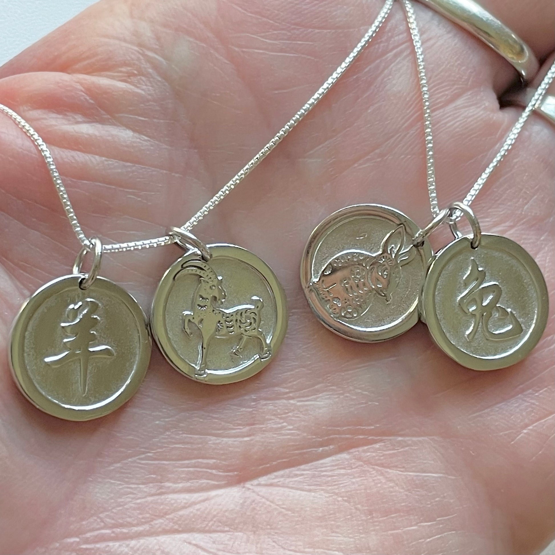 Sterling Silver Double Sided Lunar zodiac signs Pendant Necklace, Dog, Rabbit, Goat, Pig Necklace, Italian Silver Chain, Zodiac Necklace