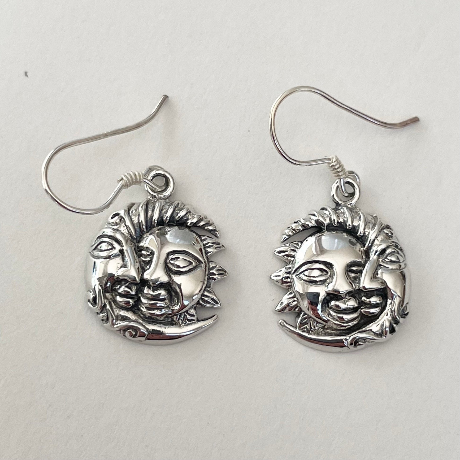 Sterling Silver Moon Dangling Earrings, Half Moon Earrings, Moon Face Earrings, Promise Earrings, Sunflower Earrings, Silver Moon Earrings