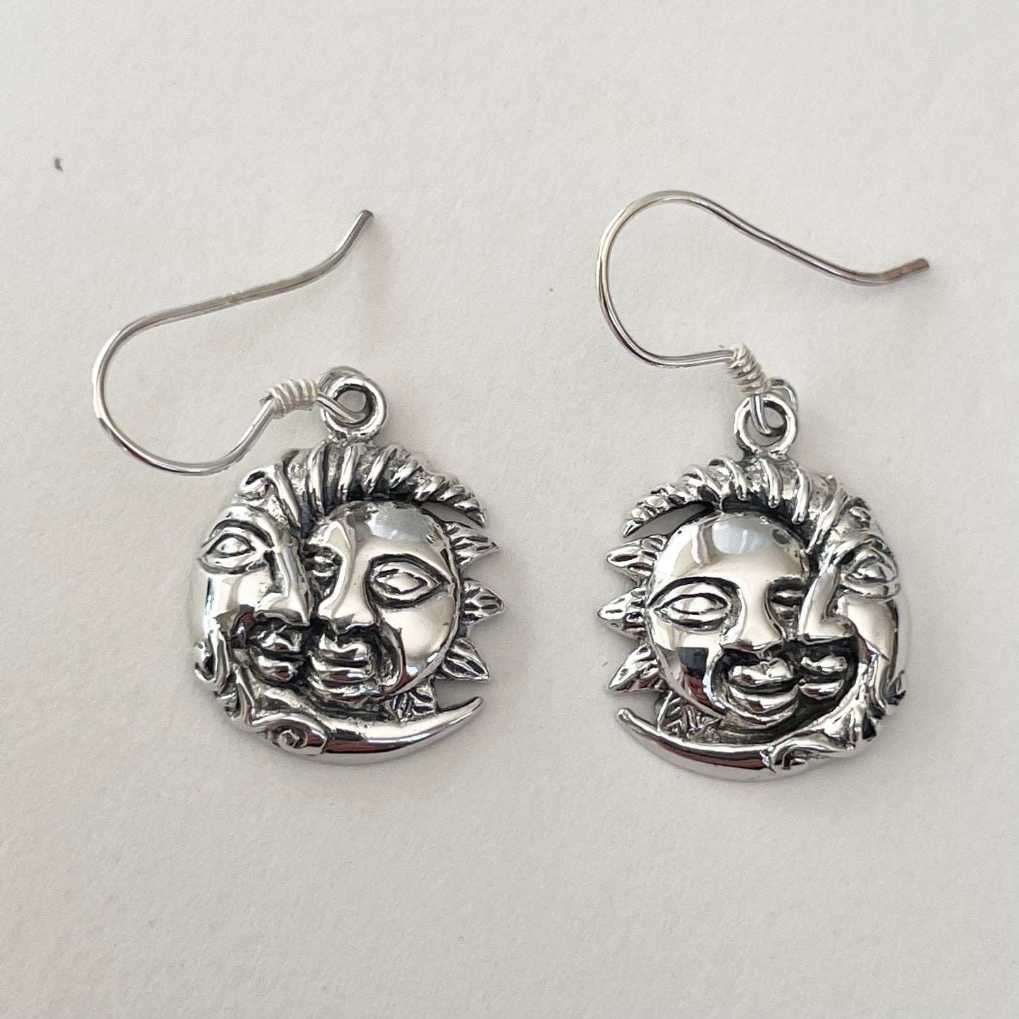 Sterling Silver Sun & Moon Face Dangling Earrings: Celestial Boho Jewelry