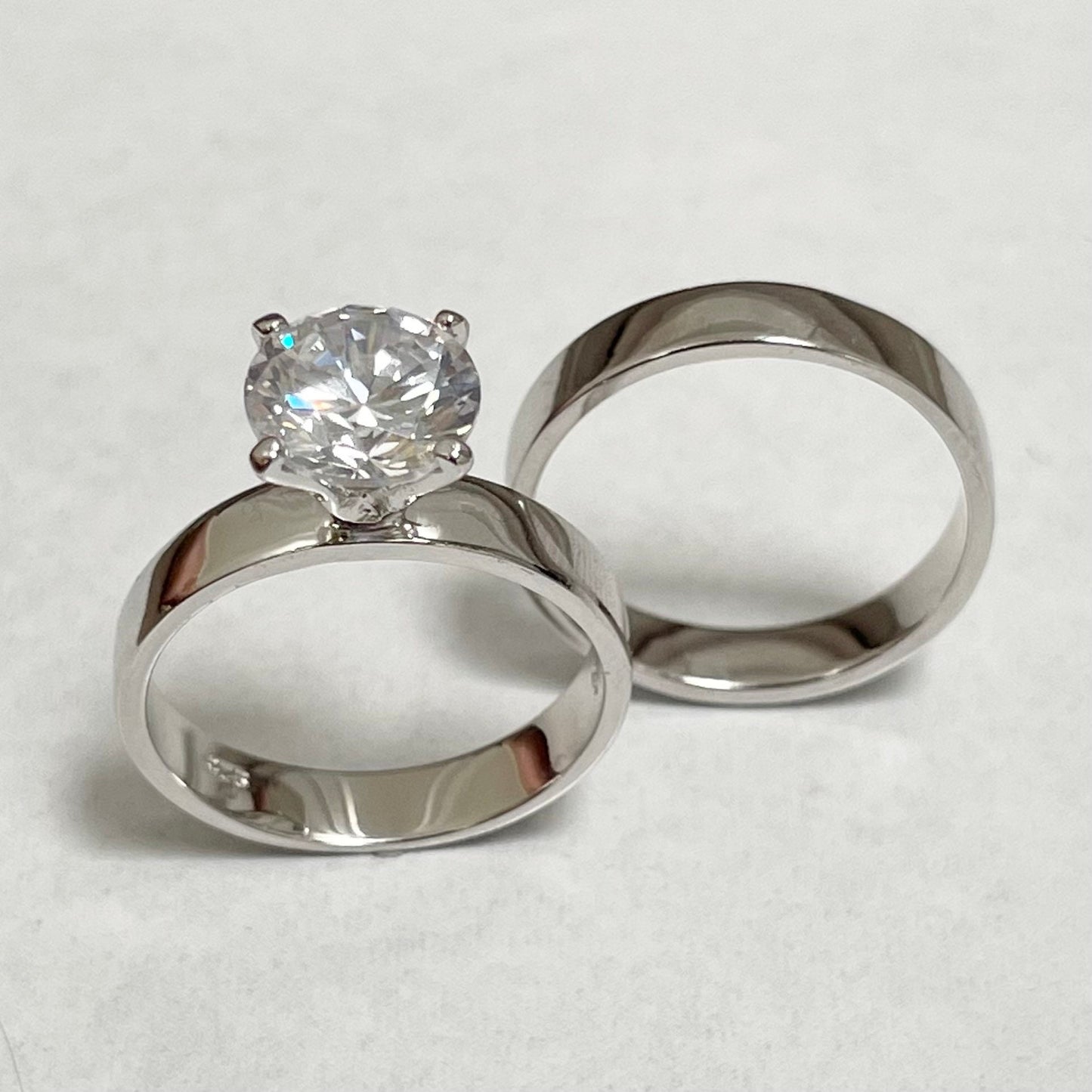 CZ Solitaire Sterling Silver Wedding Ring Set