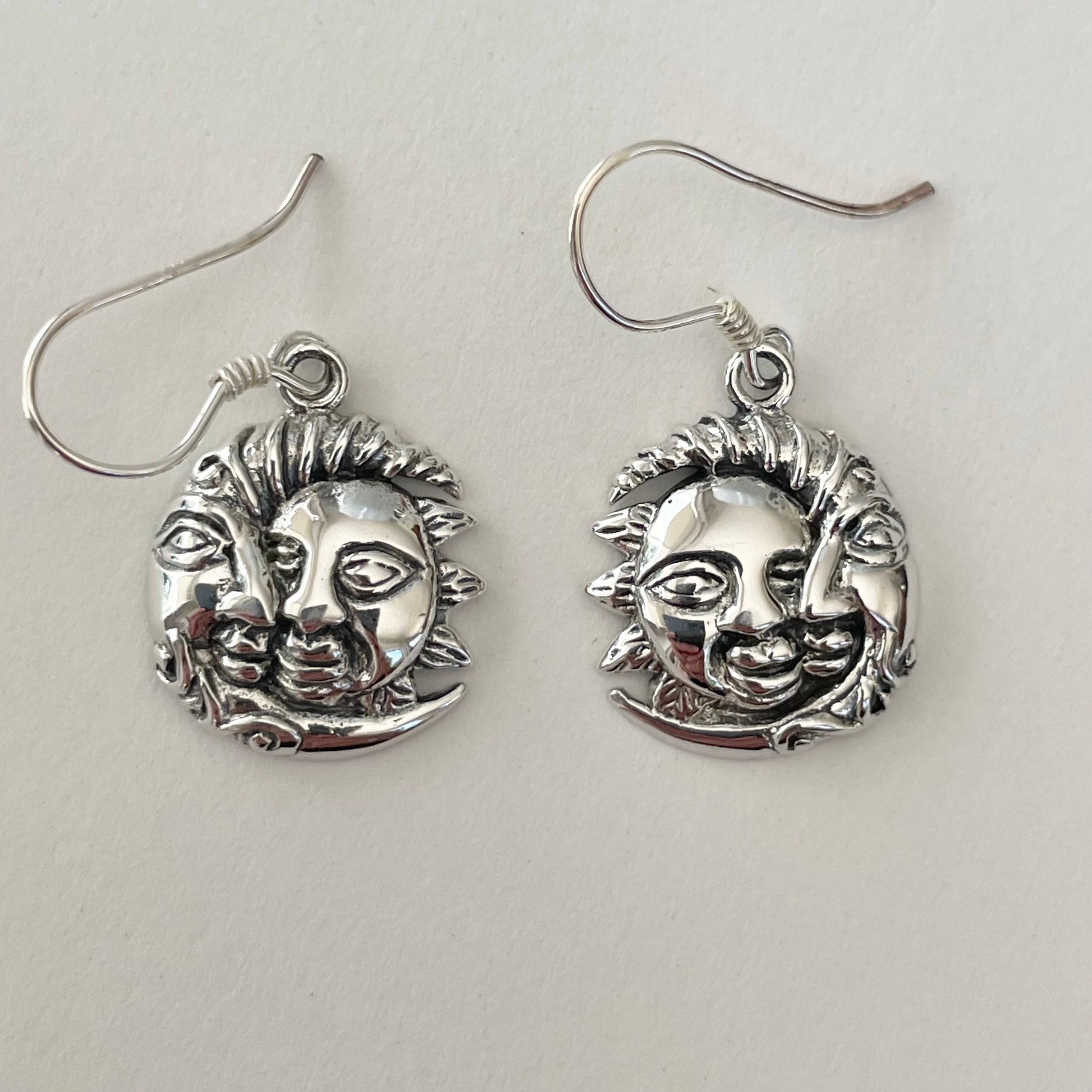 Sterling Silver Sun & Moon Face Dangling Earrings: Celestial Boho Jewelry