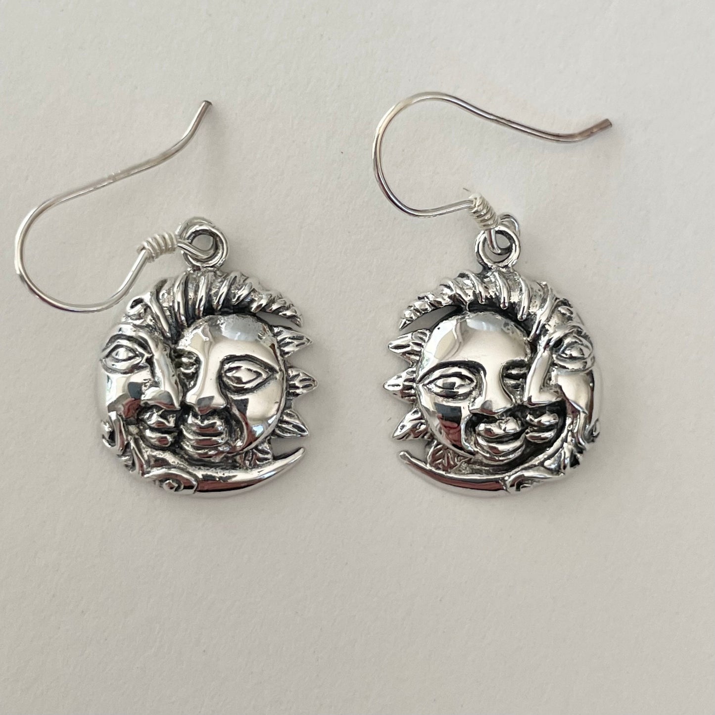 Sterling Silver Sun & Moon Face Dangling Earrings: Celestial Boho Jewelry