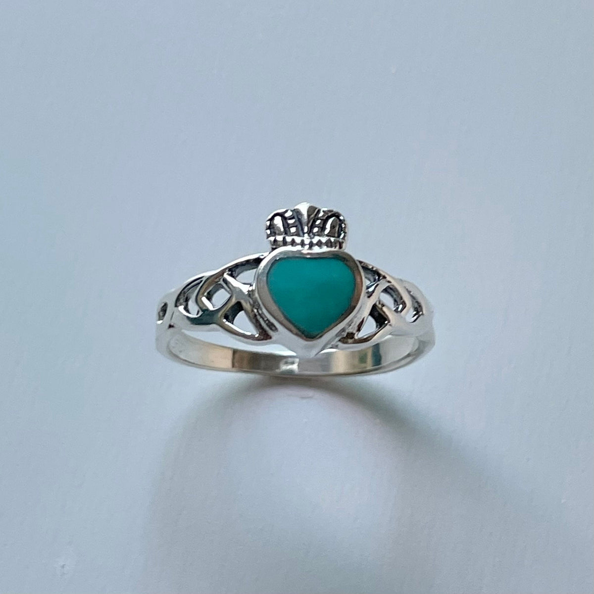 Sterling Silver Claddagh Ring: Turquoise or Black Agate Celtic Heart