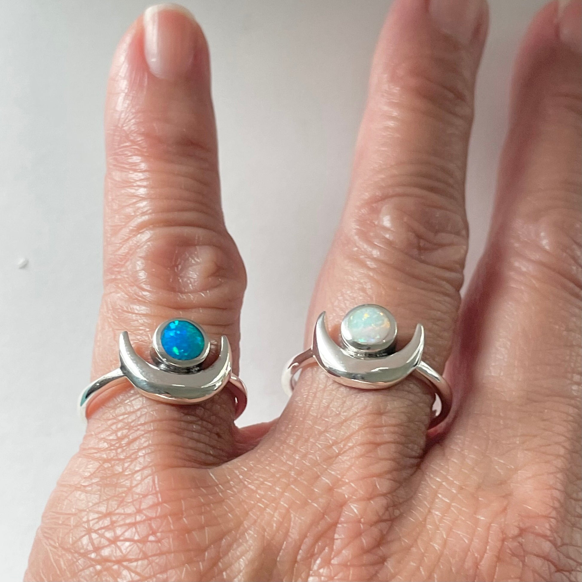 Sterling Silver Full Moon White or Blue Opal Ring, Celestial Silver Ring, White Opal Moon Ring, Blue Opal Moon Ring, Silver Statement Ring