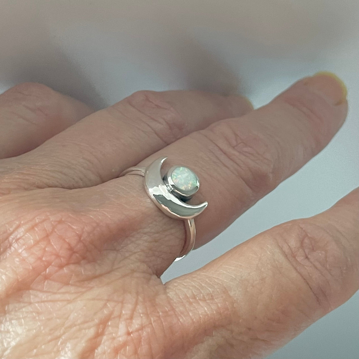 Sterling Silver Opal Moon Ring: Celestial Statement Ring