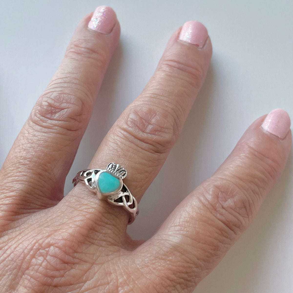 Sterling Silver Claddagh Ring: Turquoise or Black Agate Celtic Heart