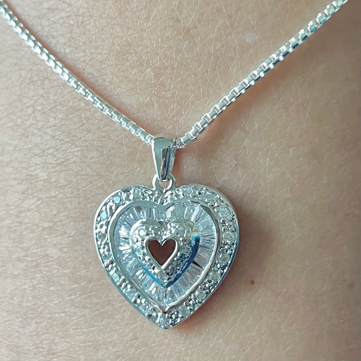 Sterling Silver CZ Heart Pendant Necklace - Italian Chain