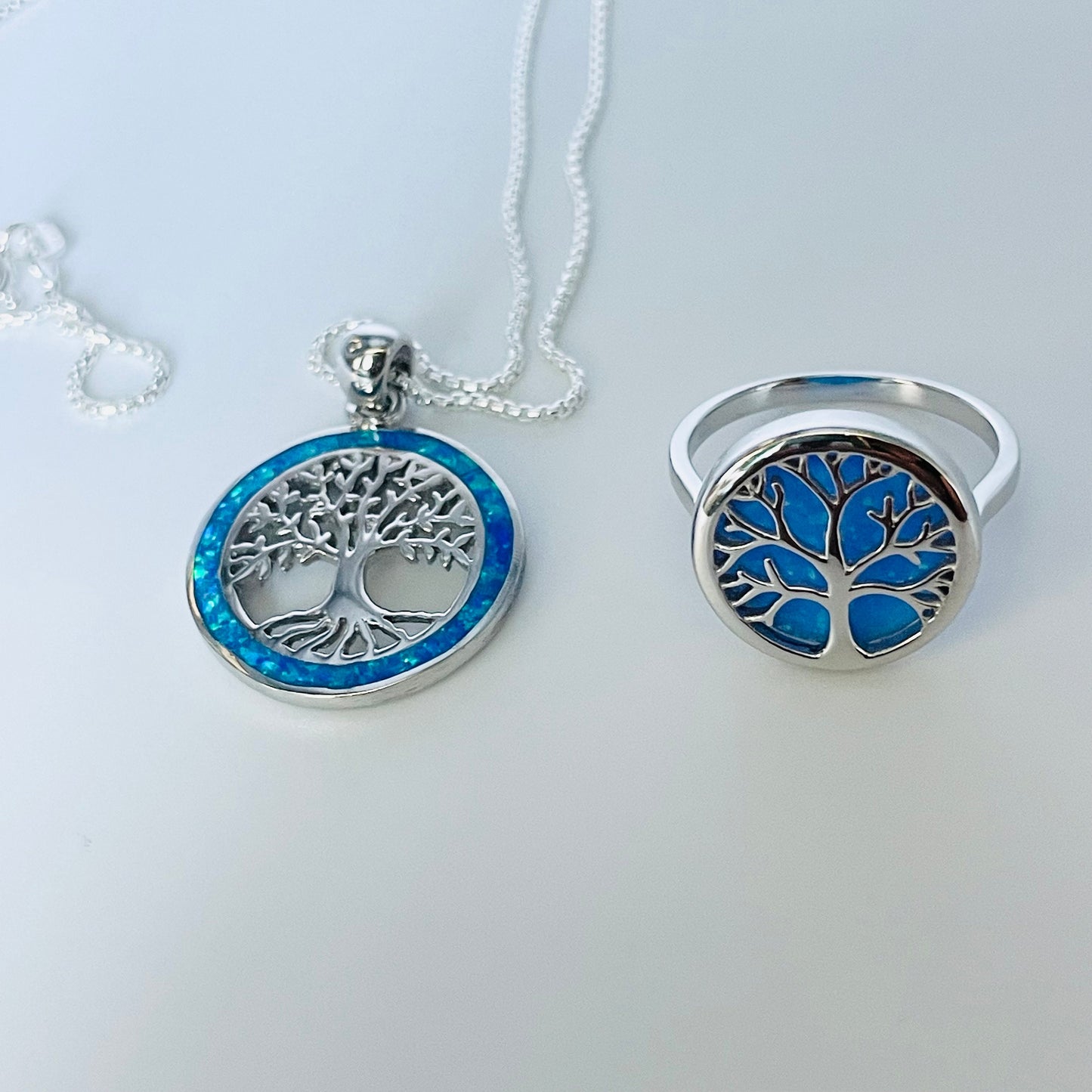 Blue Opal Tree of Life Sterling Silver Ring or Pendant