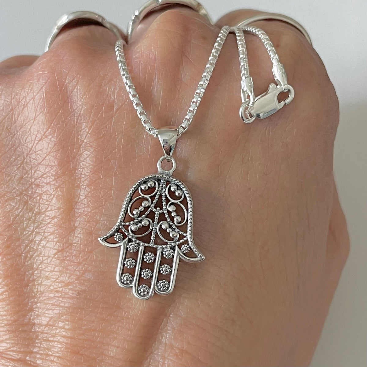 Sterling Silver Hamsa Pendant Necklace: Black Agate Hand of God