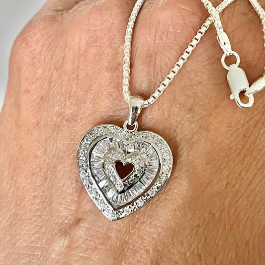 Sterling Silver CZ Heart Pendant Necklace - Italian Chain