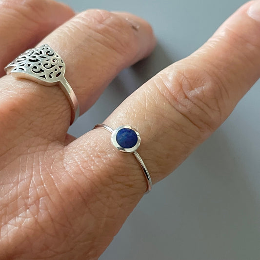 Sterling Silver Tiny Round Blue Lapis Ring, Simple Dainty Ring, Boho Ring, Thin Blue Silver Band, Round Silver Ring, Blue Lapis Roud Ring