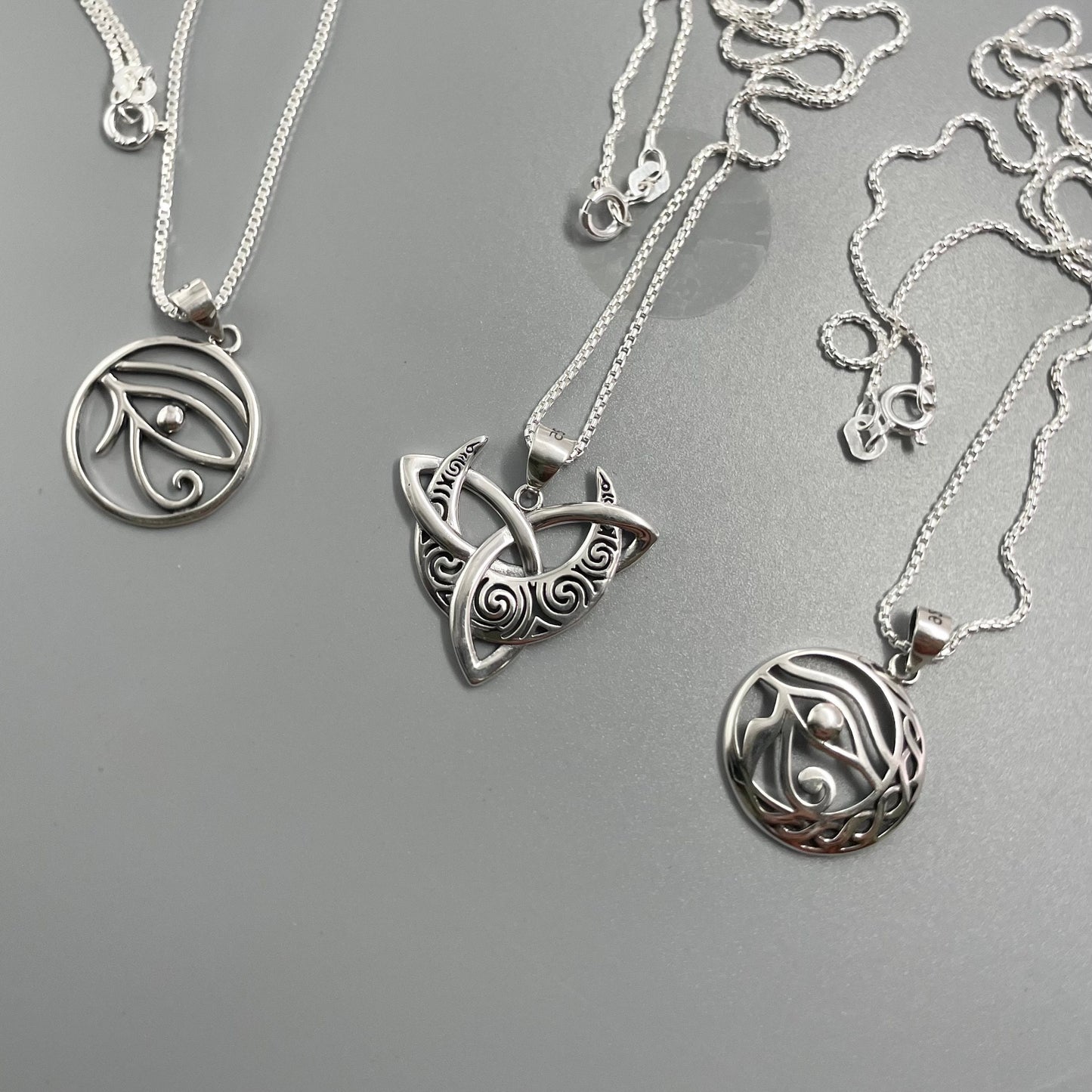 Sterling Silver Triskelion Moon & Eye of Horus Necklace