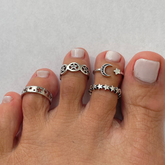 Sterling Silver Stars, Moon and Star Toe Rings, Crescent Moon Toe Ring, Stars Toe Ring Twinkle Star Toe Ring, Silver Stars Toe Band.