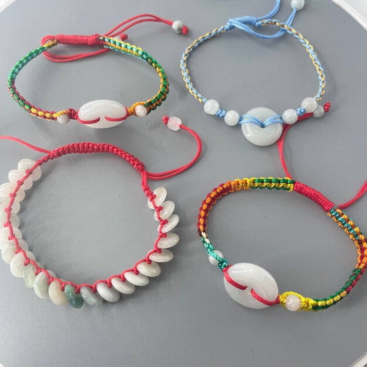 Natural one or multiple Jade Donuts red, blue rope Bracelet, Women Jade Bracelets, Unisex Jade Bracelet or Anklet, Promise Jade Bracelet.