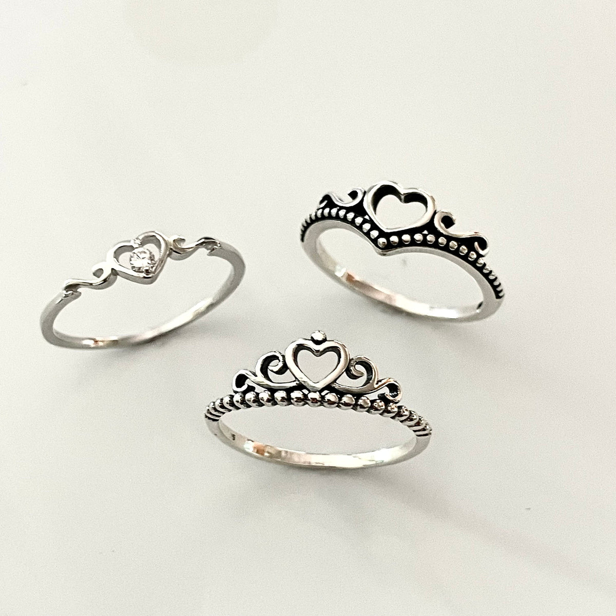 Sterling Silver Crown Heart Ring: CZ Accent, Oxidized Finish