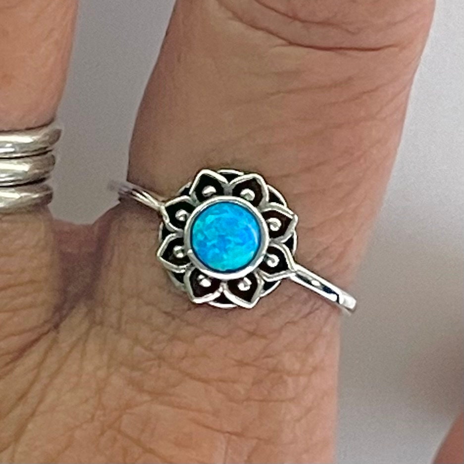 Sterling Silver Mandala Ring: White or Blue Lab Opal Floral Ring