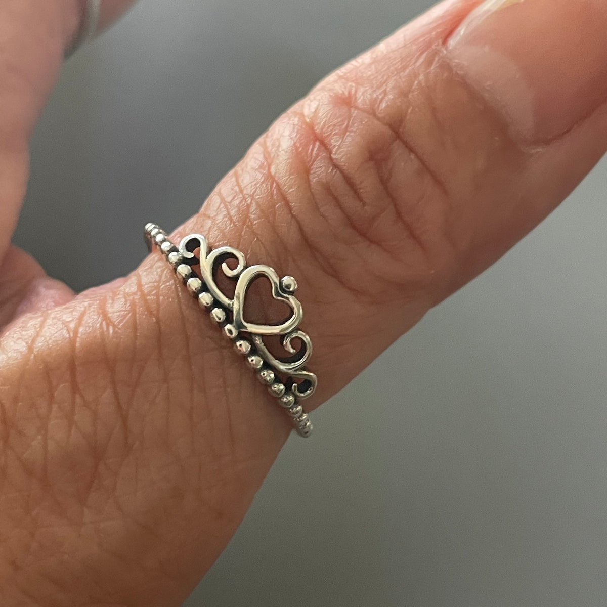 Sterling Silver Crown Heart Ring: CZ Accent, Oxidized Finish