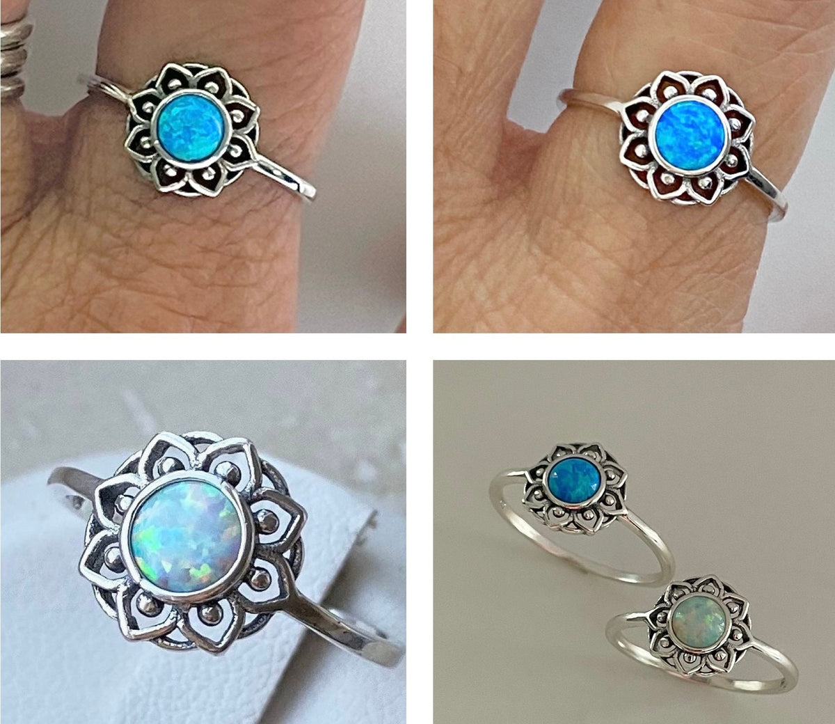 Sterling Silver Mandala Ring: White or Blue Lab Opal Floral Ring