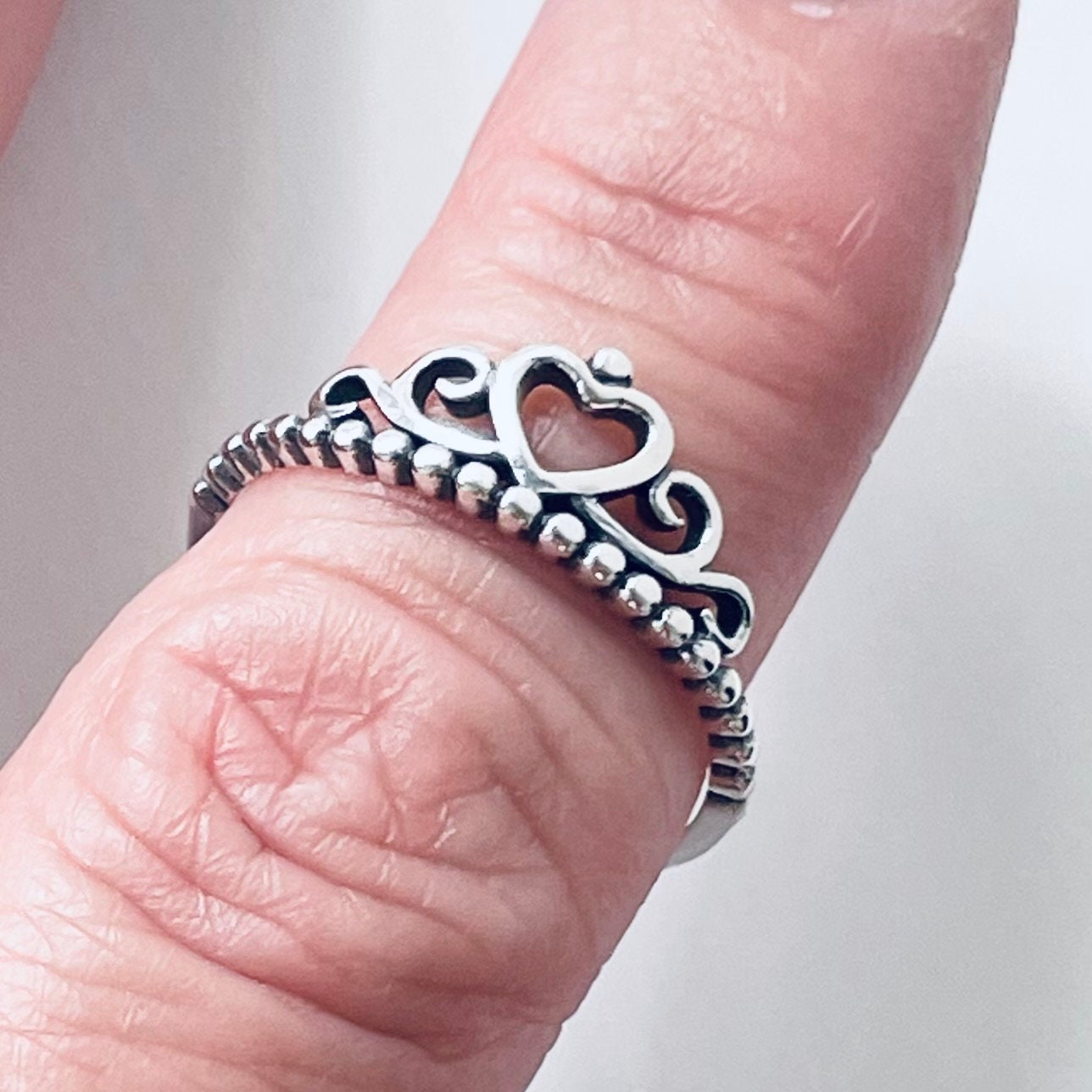 Sterling Silver Heart Ring, Crown Heart Ring, Side Swirls Beads Ring, CZ Silver Heart Ring, Crown Ring, CZ Heart Ring, Heart Promise Ring