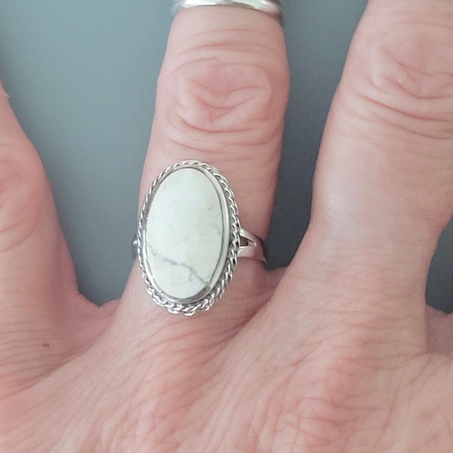 925 Sterling Silver, Large White Buffalo Turquoise Braid Ring or Moon Ring, Silver Oval Ring, Promise Moon Ring, Silver White Buffalo Ring