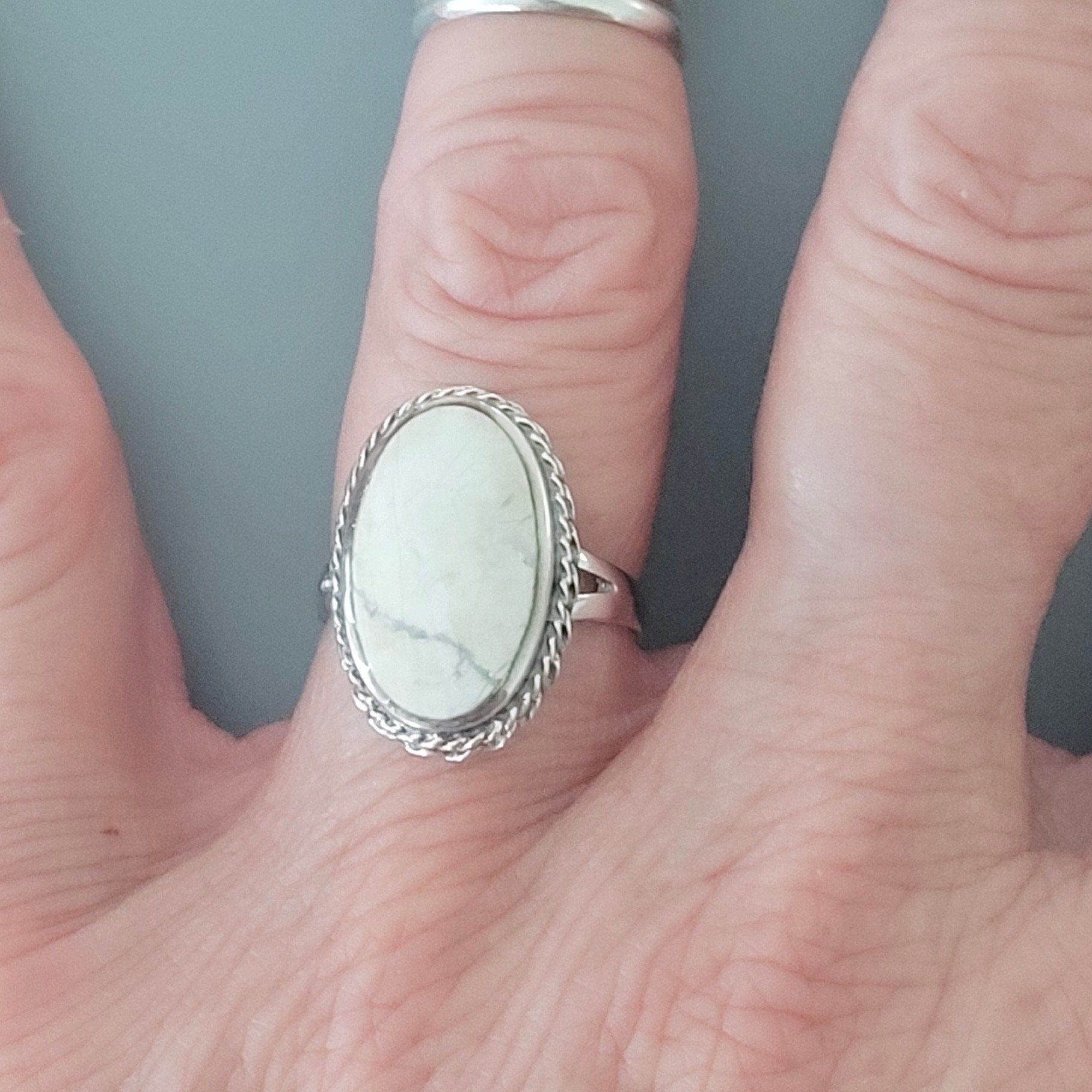 925 Sterling Silver, Large White Buffalo Turquoise Braid Ring or Moon Ring, Silver Oval Ring, Promise Moon Ring, Silver White Buffalo Ring