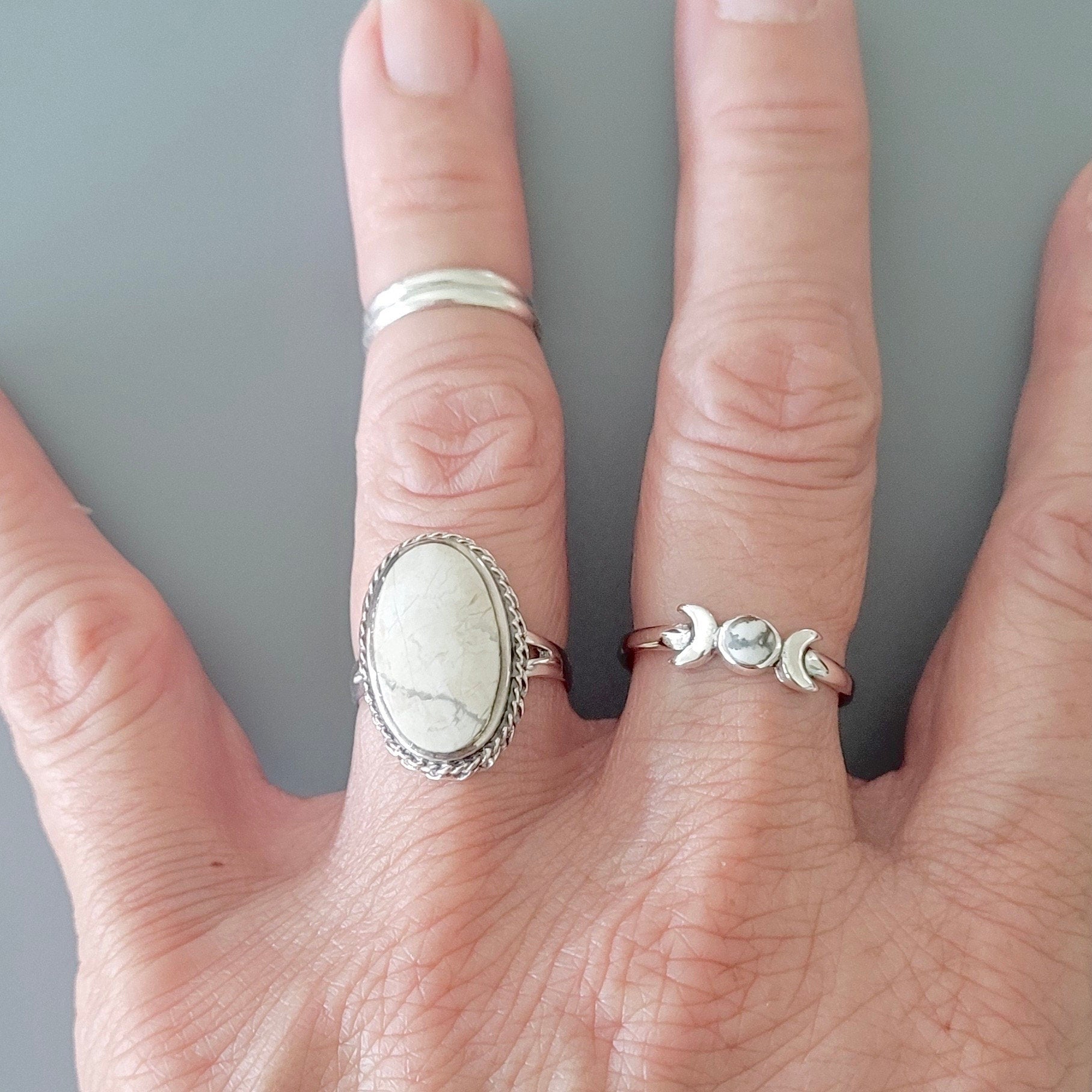 925 Sterling Silver, Large White Buffalo Turquoise Braid Ring or Moon Ring, Silver Oval Ring, Promise Moon Ring, Silver White Buffalo Ring