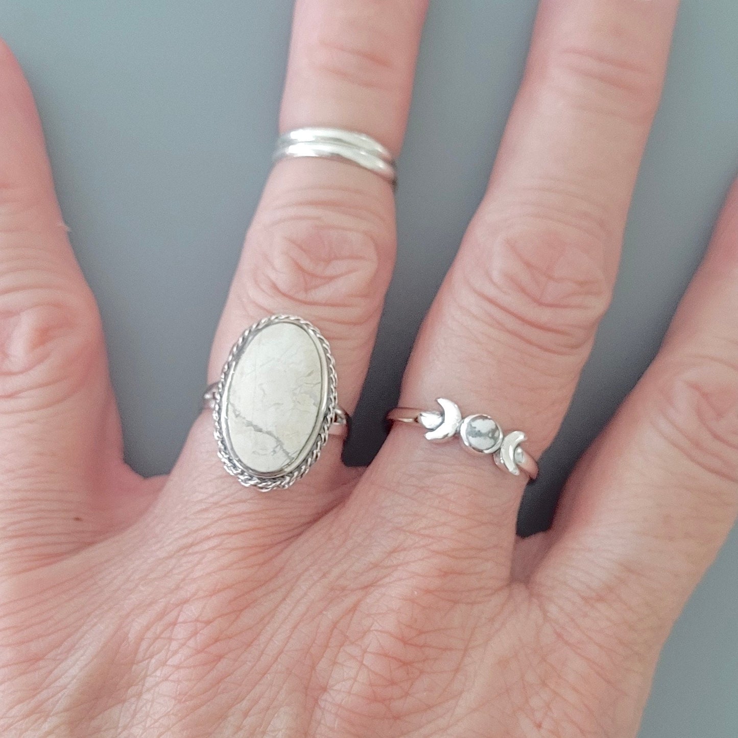 925 Sterling Silver, Large White Buffalo Turquoise Braid Ring or Moon Ring, Silver Oval Ring, Promise Moon Ring, Silver White Buffalo Ring