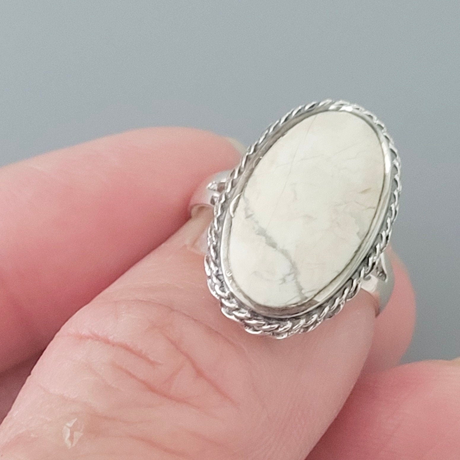 925 Sterling Silver, Large White Buffalo Turquoise Braid Ring or Moon Ring, Silver Oval Ring, Promise Moon Ring, Silver White Buffalo Ring