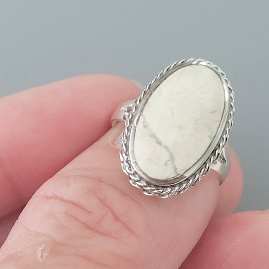 Sterling Silver White Buffalo Turquoise Ring: Braid or Moon Design
