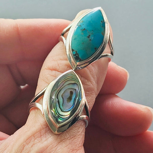 Sterling Silver Genuine Turquoise or Abalone Ring, Diamond Shape Silver Turquoise Ring, Promise Love Ring, Silver Abalone Ring, Simple Ring