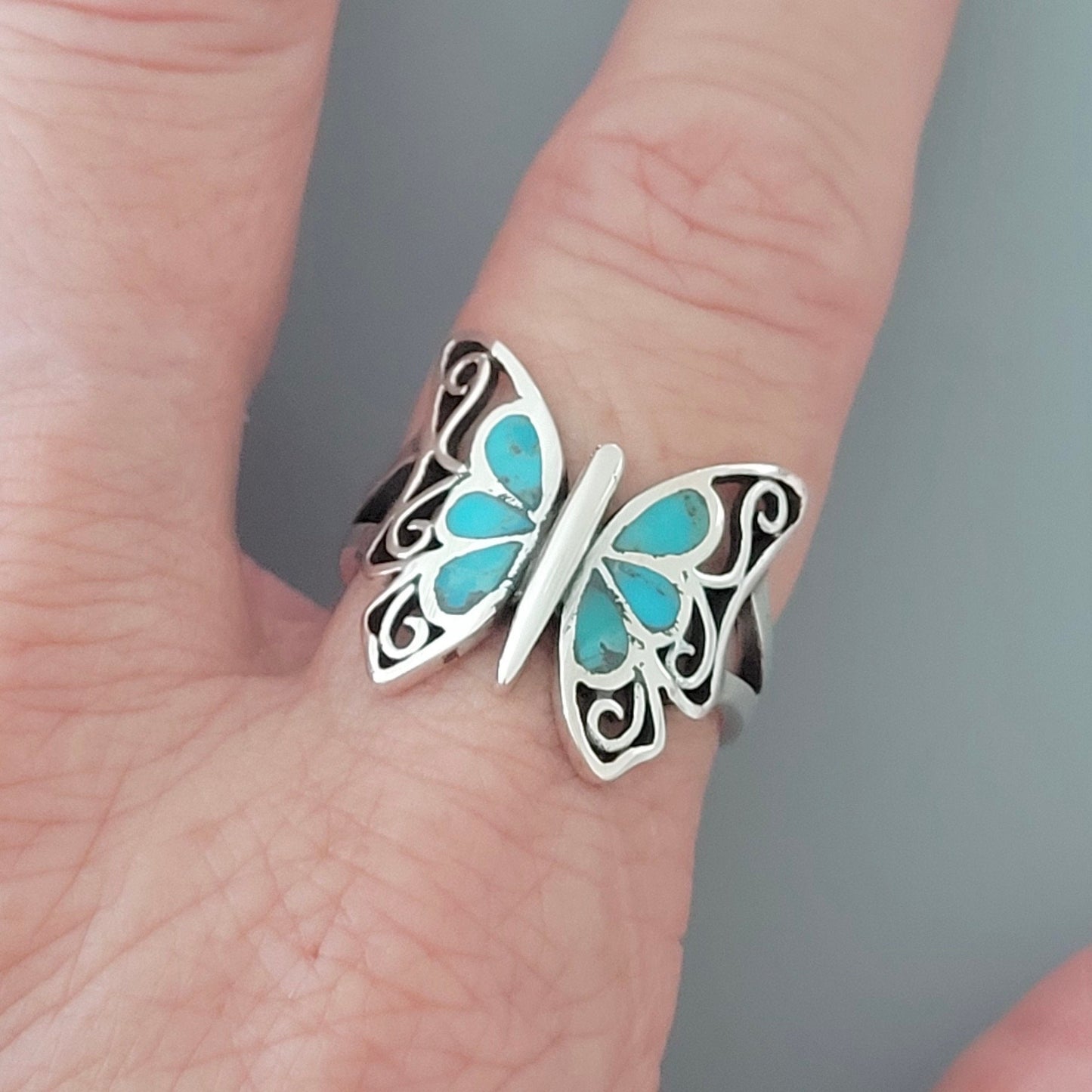 Sterling Silver Butterfly Ring: Genuine Turquoise or Multi Stone