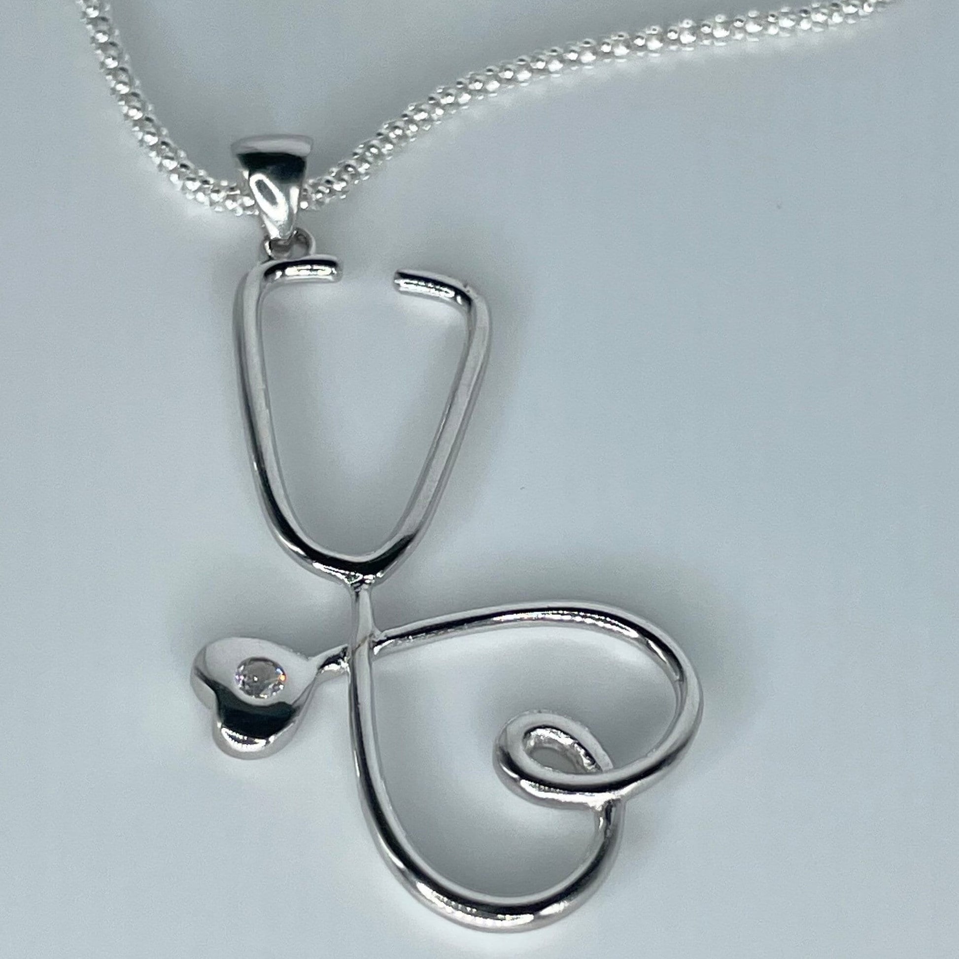 Sterling Silver Heart Stethoscope Pendant Necklace, Nurse Heart Necklace, Stethoscope Necklace, Frontline Worker Jewelry, Silver CZ Pendant