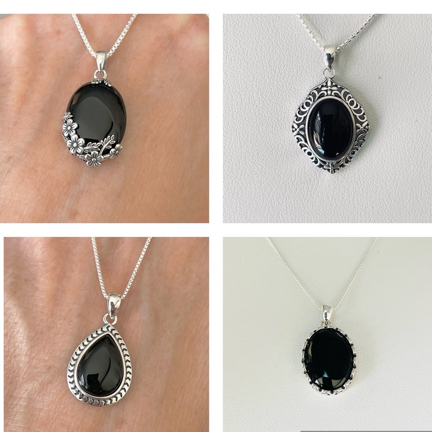 Black Agate Sterling Silver Pendants Necklace, Silver Chain, Flowers Black Agate Pendant, Onyx Pendant, Silver Hawaii Flowers Necklace