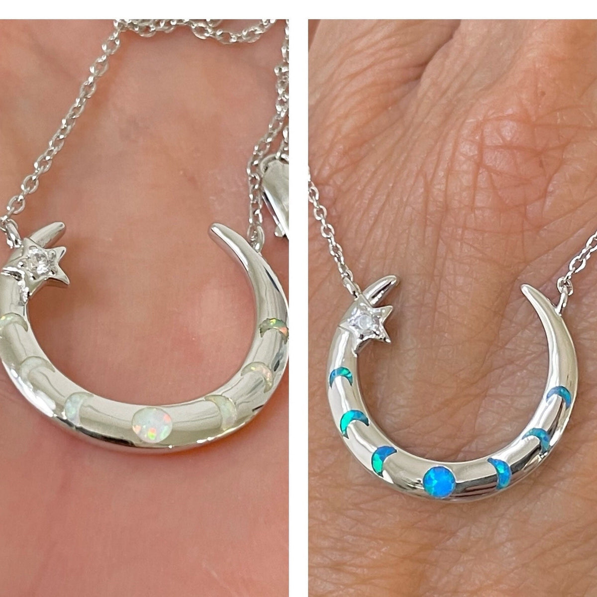 Sterling Silver Moon Phases Necklace: Lab Opal Crescent Moon Pendant
