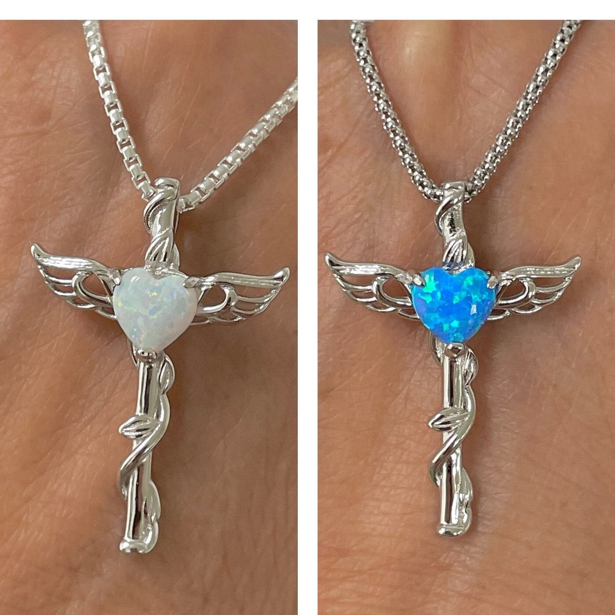 Sterling Silver Opal Heart Angel Wing Cross Necklace