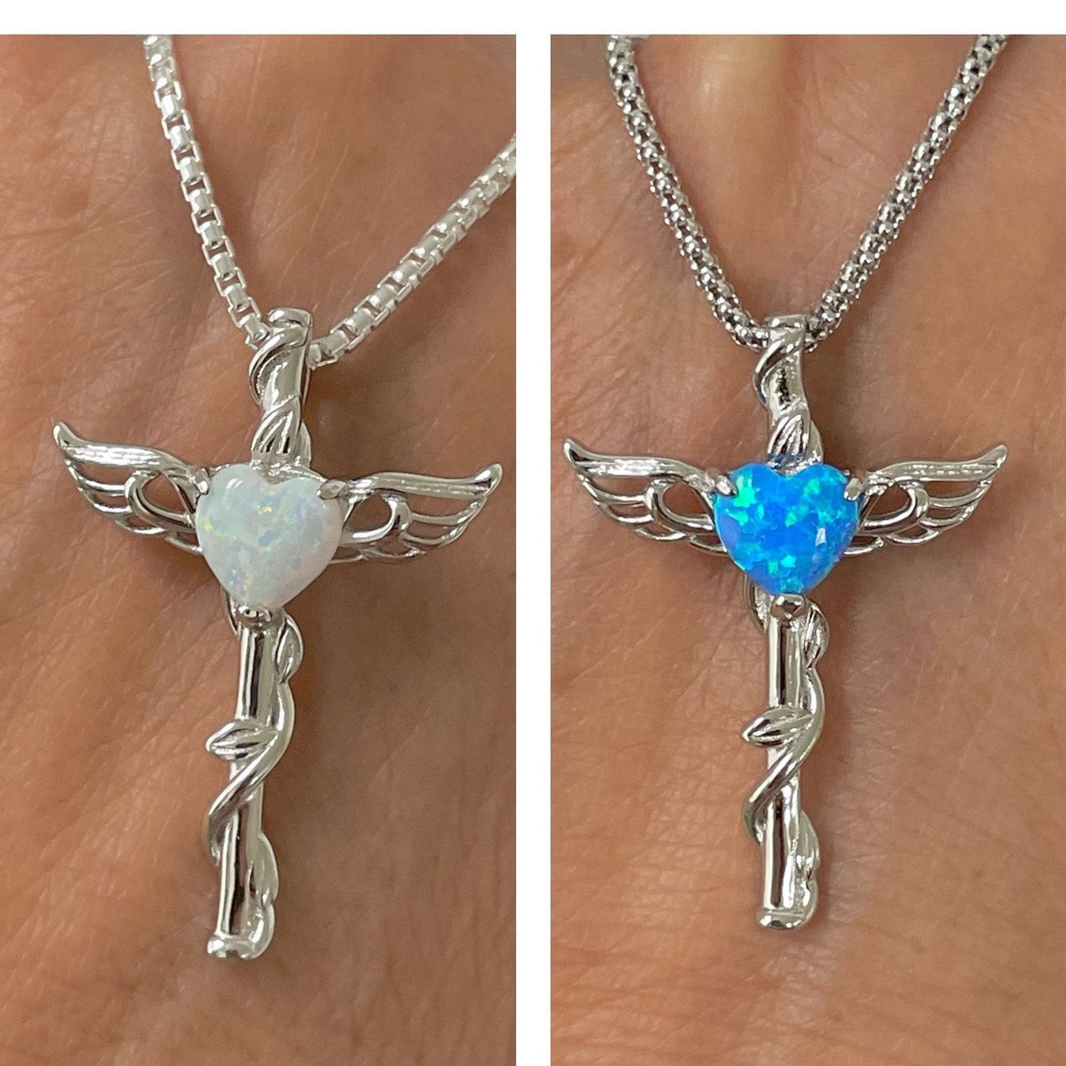 Sterling Silver Opal Heart Angel Wing Cross Necklace