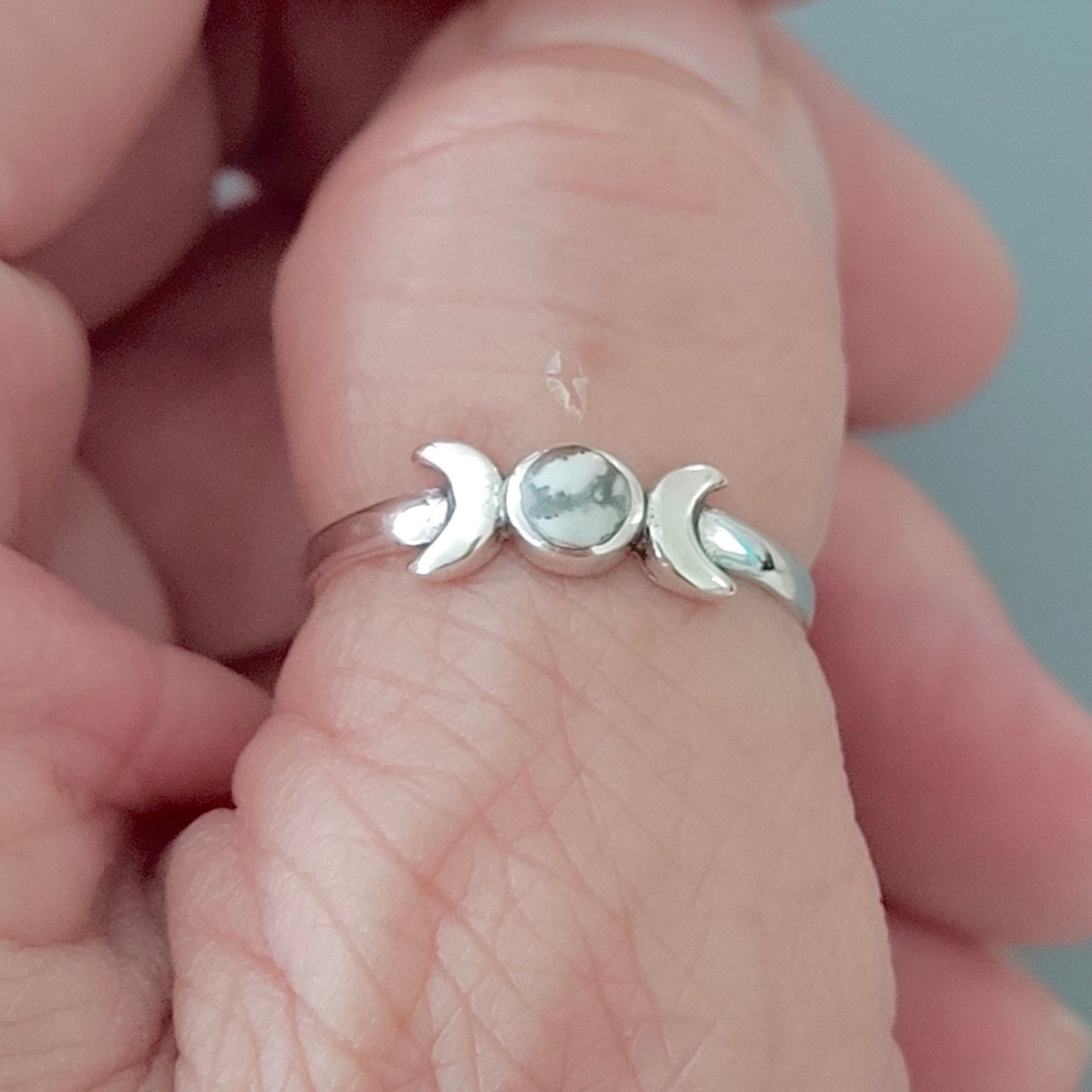 Sterling Silver White Buffalo Turquoise Ring: Braid or Moon Design