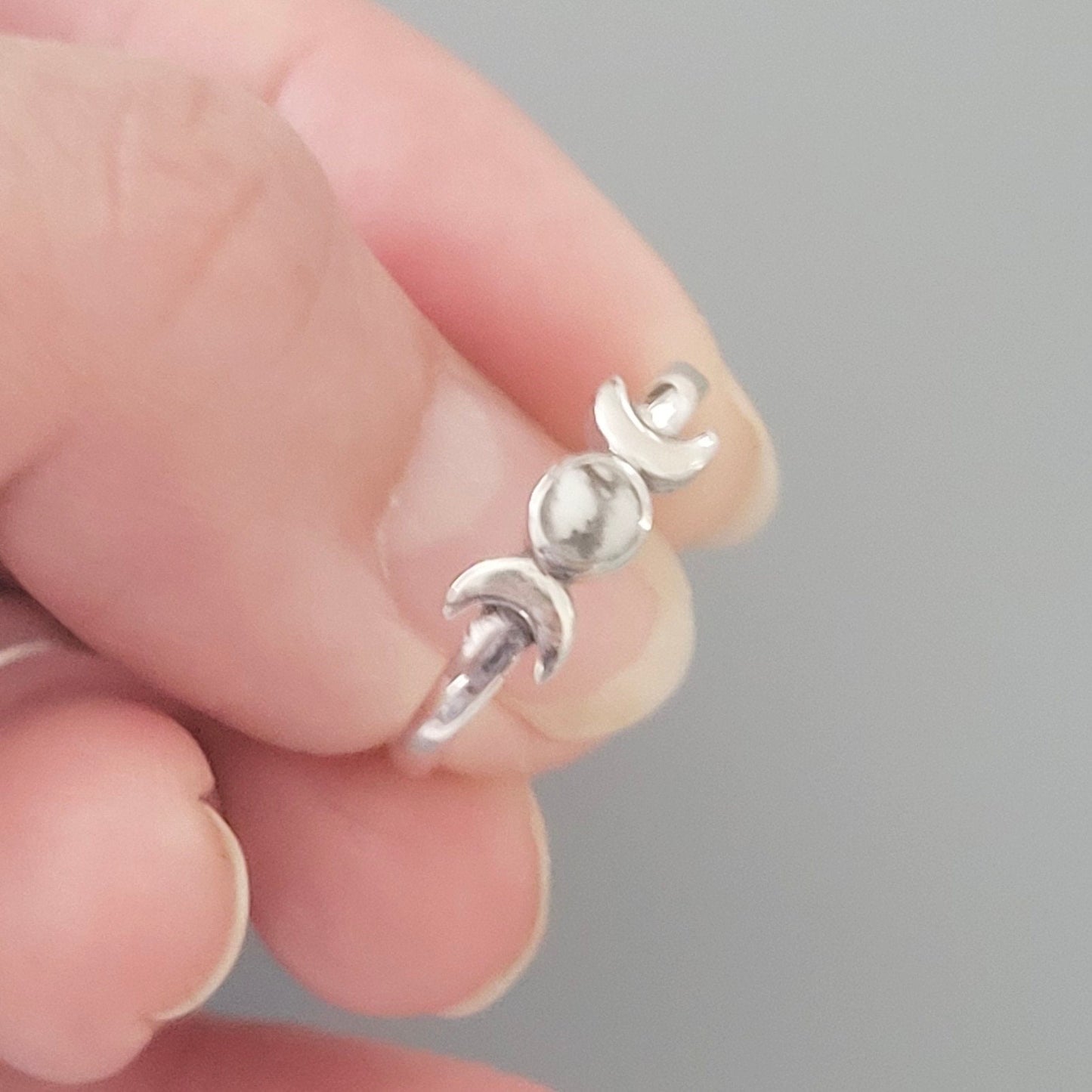 925 Sterling Silver, Large White Buffalo Turquoise Braid Ring or Moon Ring, Silver Oval Ring, Promise Moon Ring, Silver White Buffalo Ring