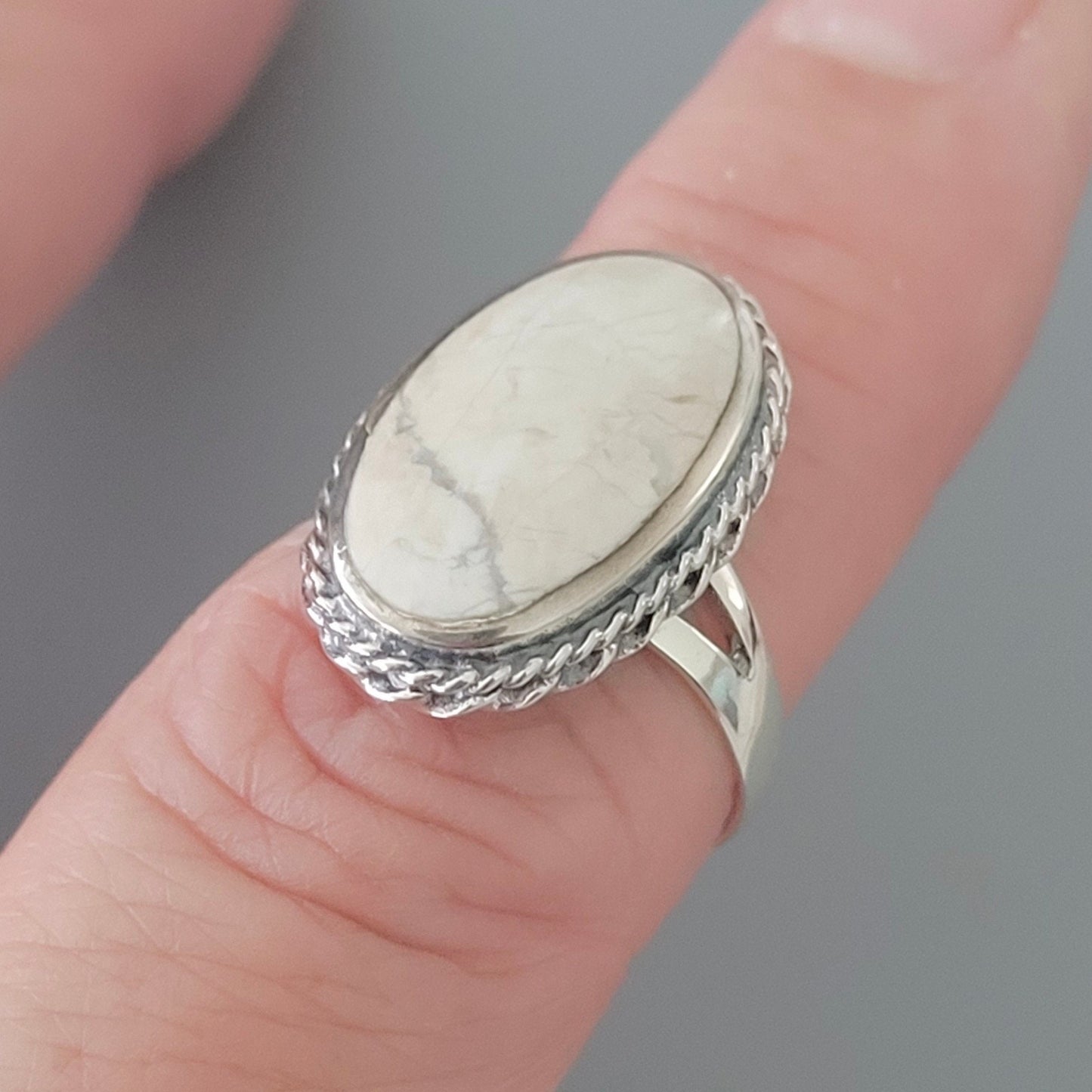 925 Sterling Silver, Large White Buffalo Turquoise Braid Ring or Moon Ring, Silver Oval Ring, Promise Moon Ring, Silver White Buffalo Ring