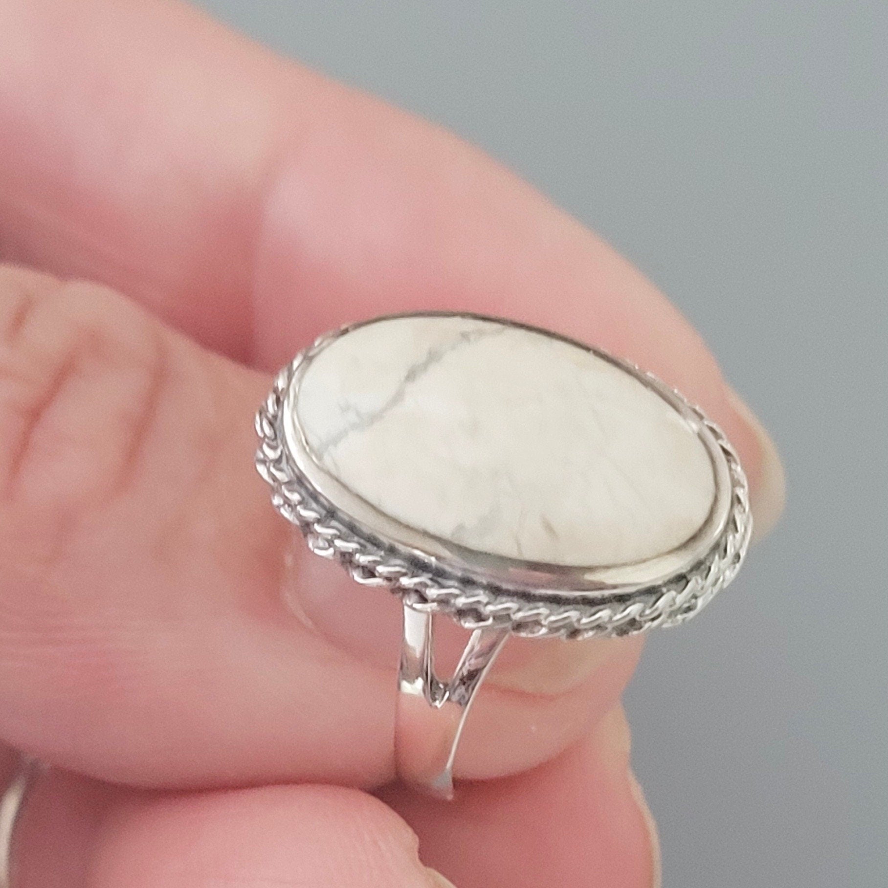 925 Sterling Silver, Large White Buffalo Turquoise Braid Ring or Moon Ring, Silver Oval Ring, Promise Moon Ring, Silver White Buffalo Ring