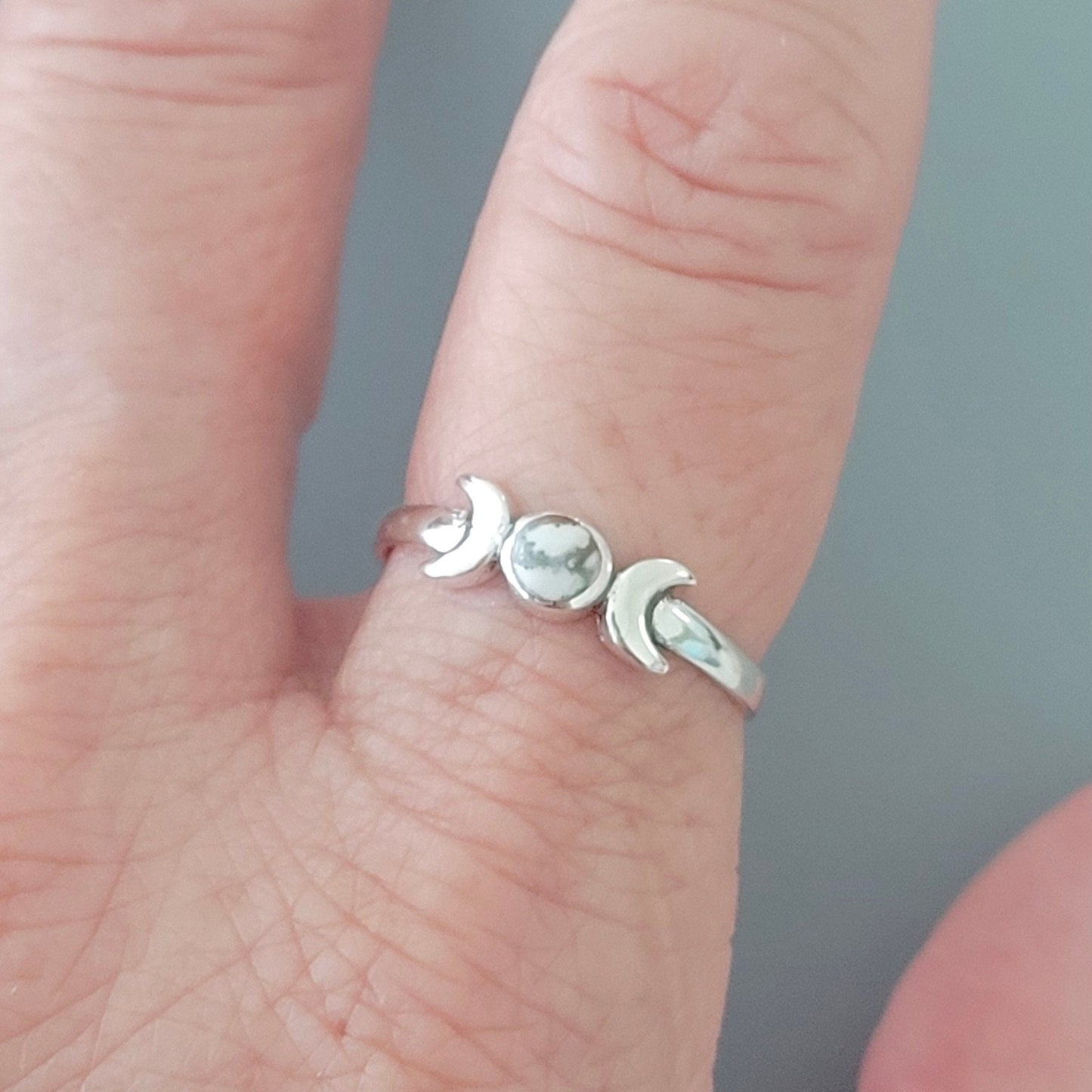 925 Sterling Silver, Large White Buffalo Turquoise Braid Ring or Moon Ring, Silver Oval Ring, Promise Moon Ring, Silver White Buffalo Ring