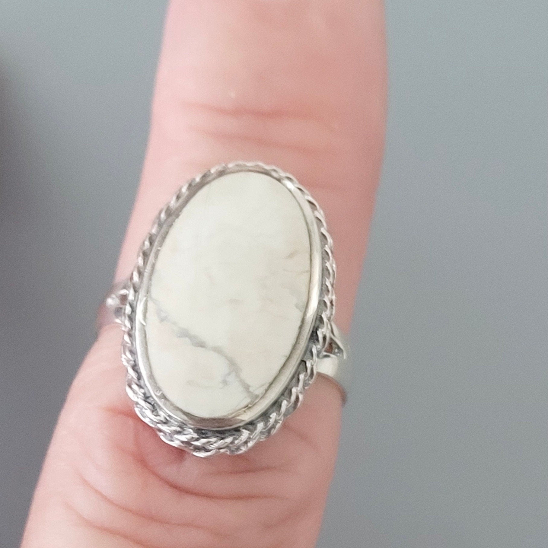 925 Sterling Silver, Large White Buffalo Turquoise Braid Ring or Moon Ring, Silver Oval Ring, Promise Moon Ring, Silver White Buffalo Ring