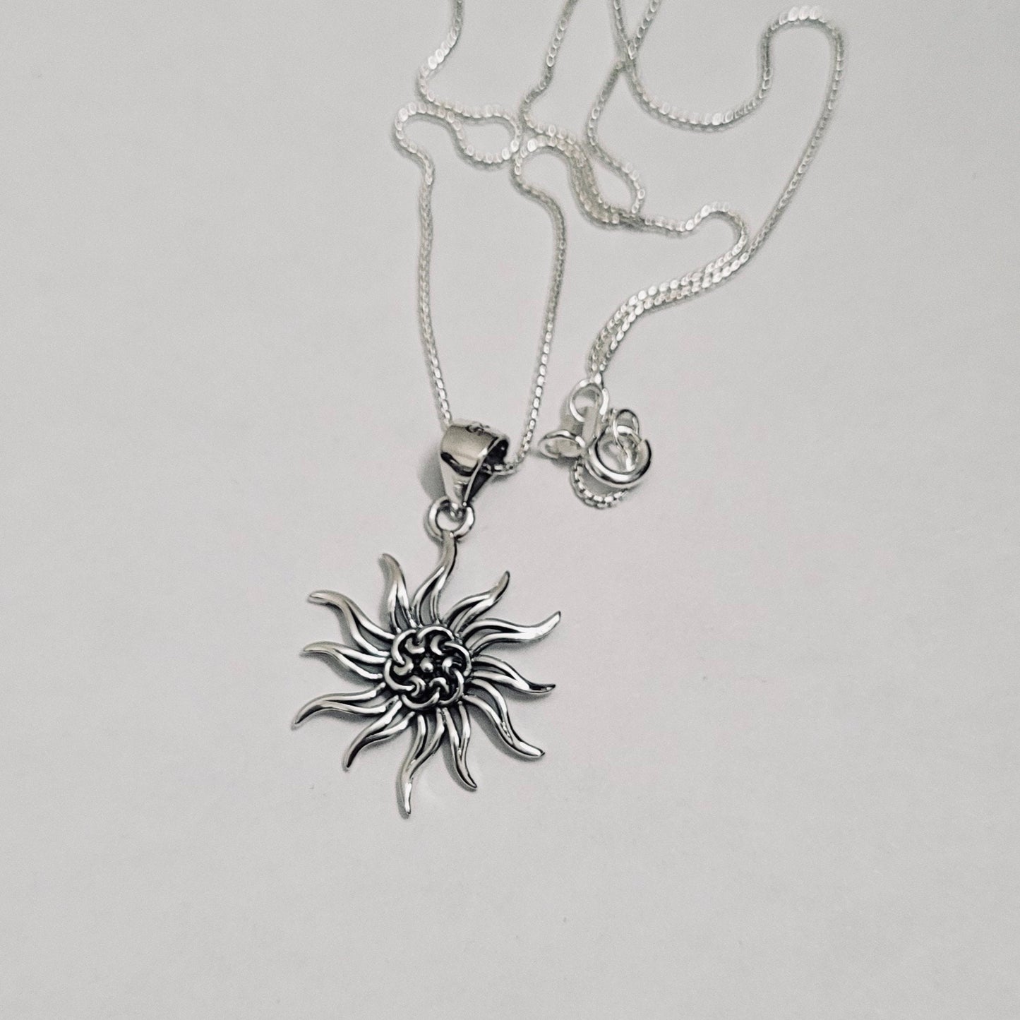 Oxidized Sterling Silver Sun Pendant Necklace - Lotus Flower Design