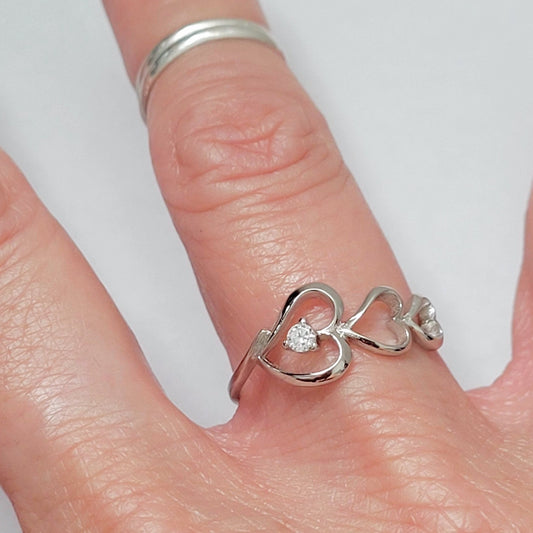 Dainty Sterling Silver Hearts Ring: CZ Sideway Promise Ring