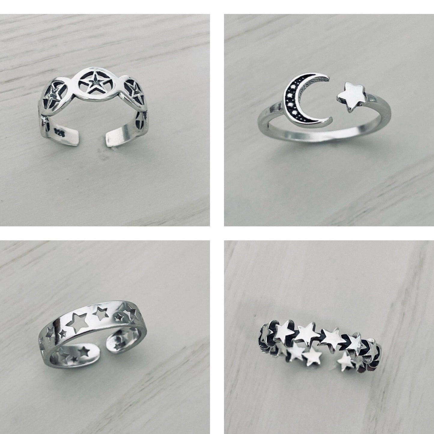 Sterling Silver Stars, Moon and Star Toe Rings, Crescent Moon Toe Ring, Stars Toe Ring Twinkle Star Toe Ring, Silver Stars Toe Band.