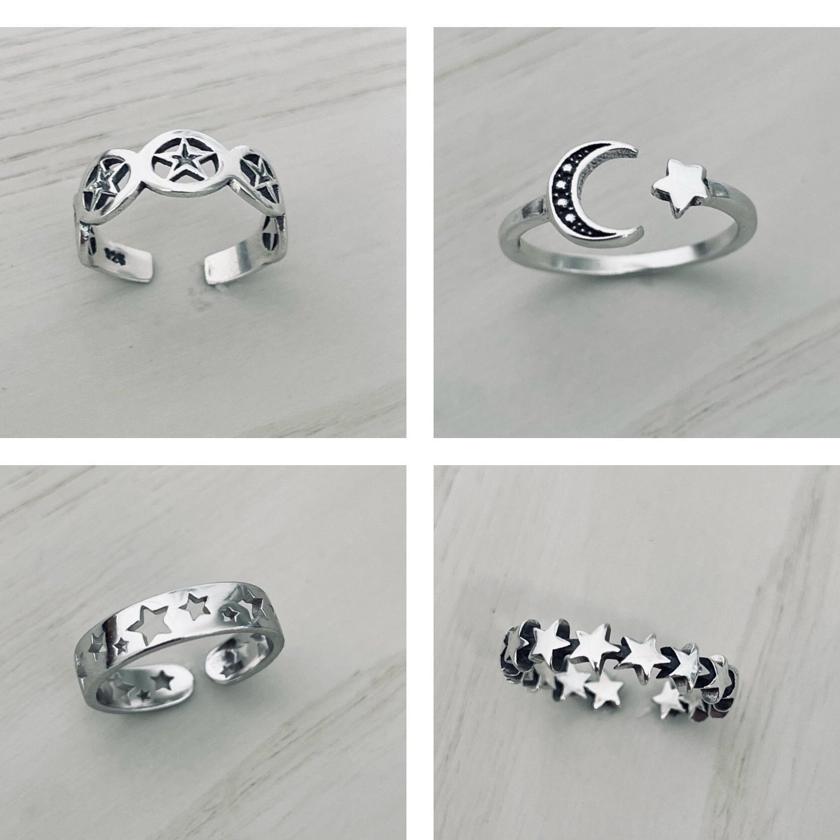 Sterling Silver Stars, Moon and Star Toe Rings, Crescent Moon Toe Ring, Stars Toe Ring Twinkle Star Toe Ring, Silver Stars Toe Band.