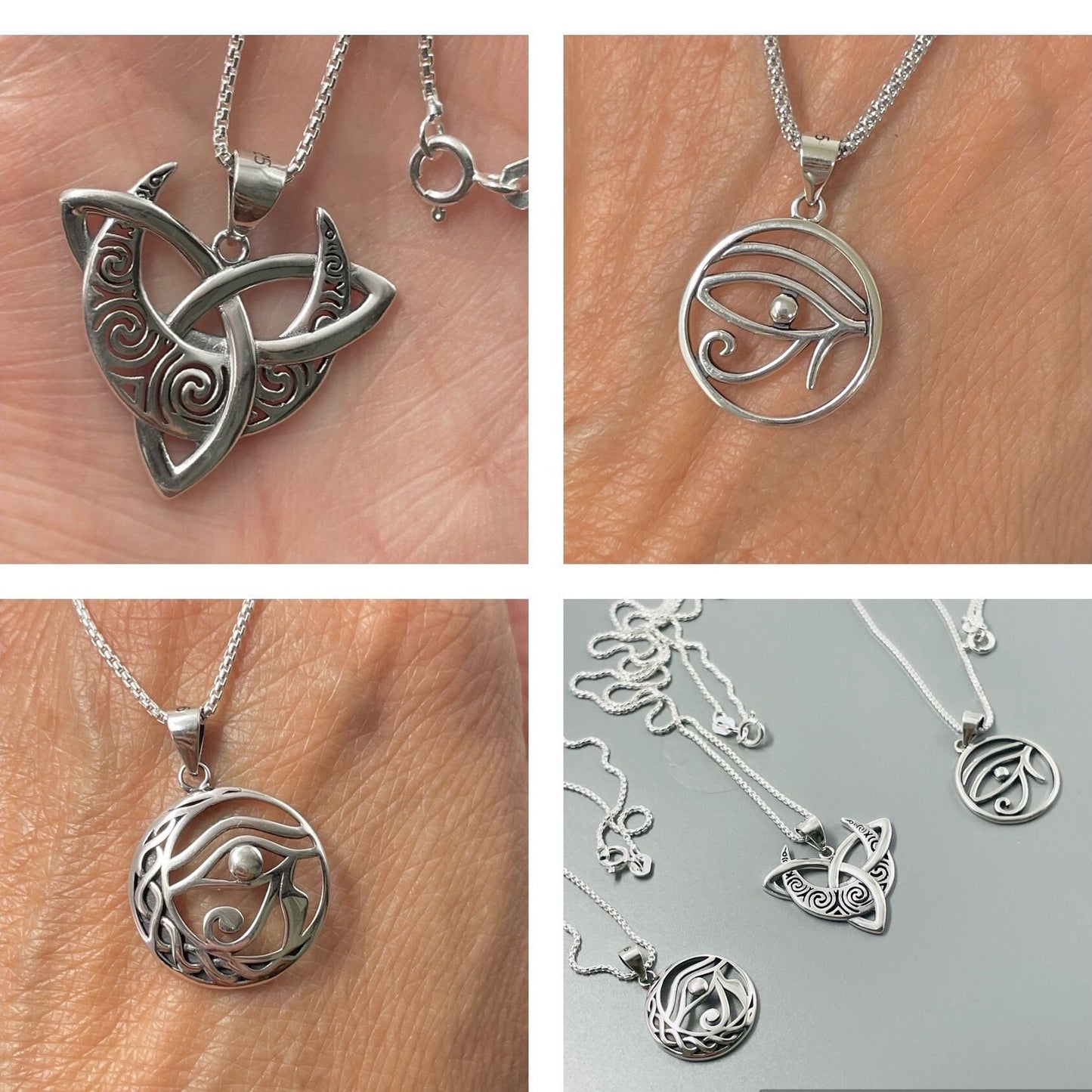 Sterling Silver Triskelion Moon & Eye of Horus Necklace