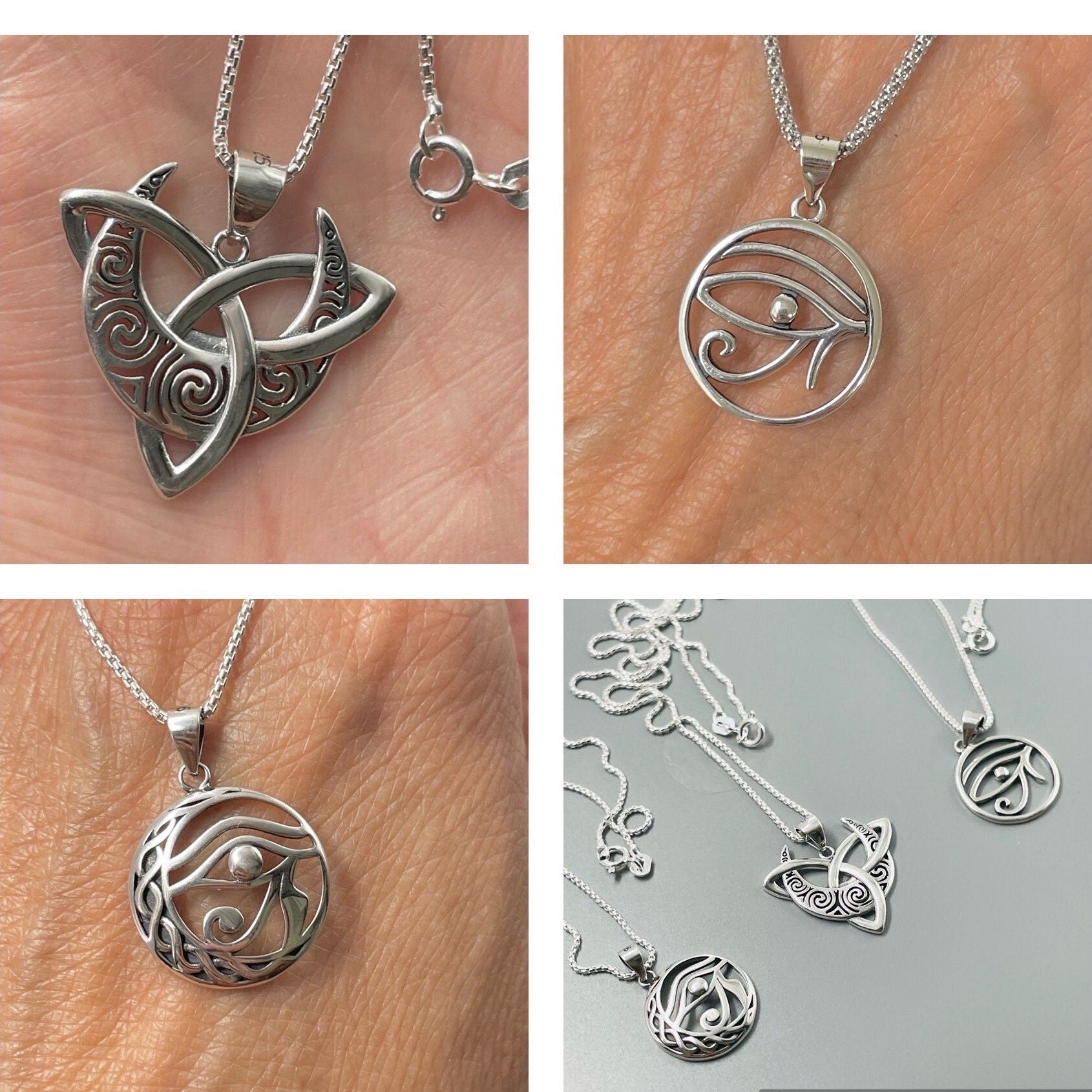 Sterling Silver Triskelion Moon & Eye of Horus Necklace